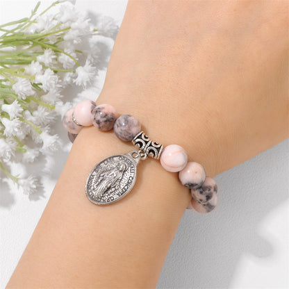 Pink and White Zebra Stone Miraculous Medal Stretch Bracelet Amen Artisan