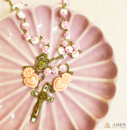 Sakura Pink Beads Sacred Heart Rosary Amen Artisan