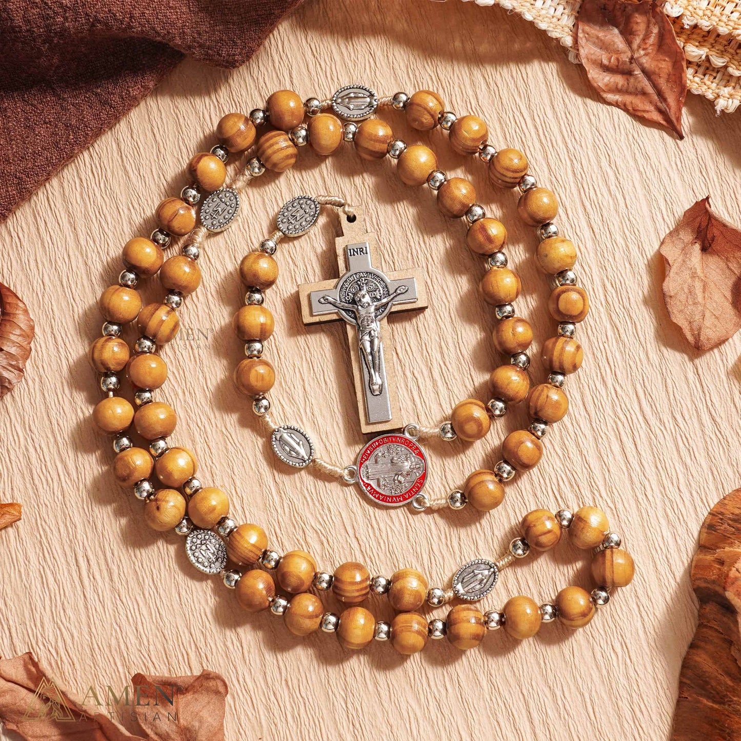 Nature Wood Saint Benedict Medal Rosary