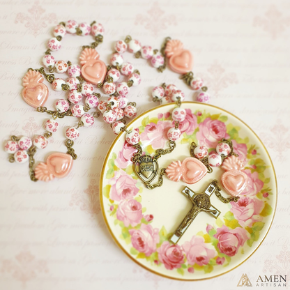 Sakura Pink Beads Sacred Heart Rosary Amen Artisan