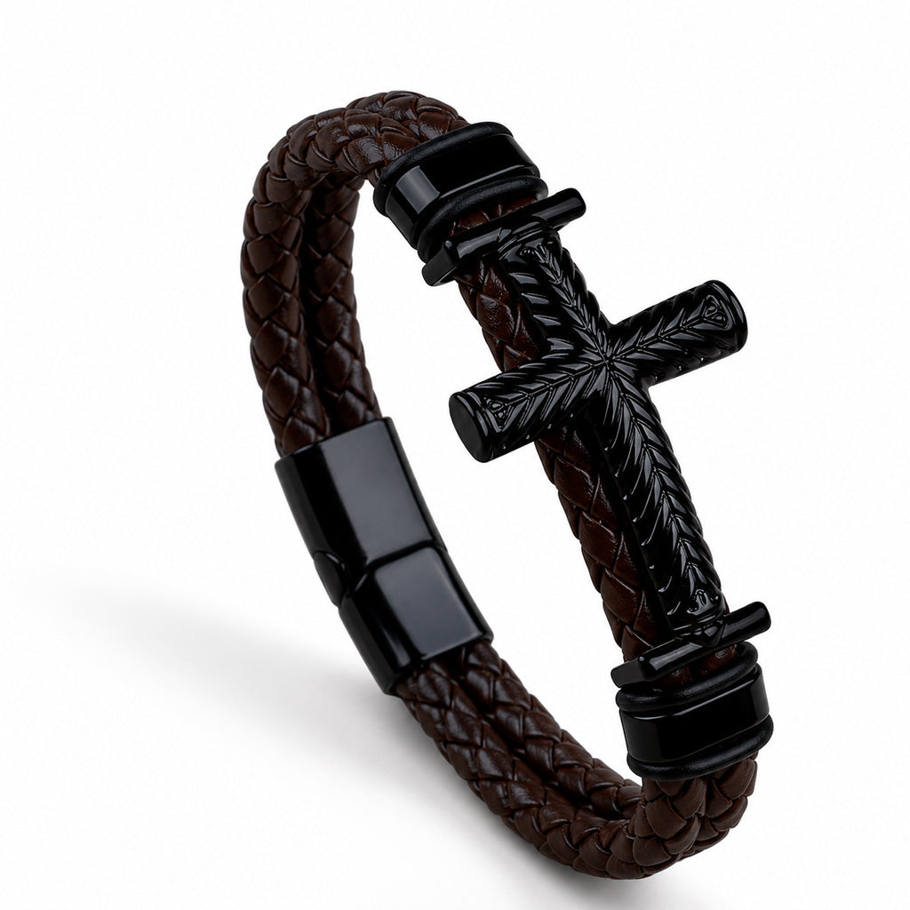 Leather Cross Bracelet with Magnetic Clasp