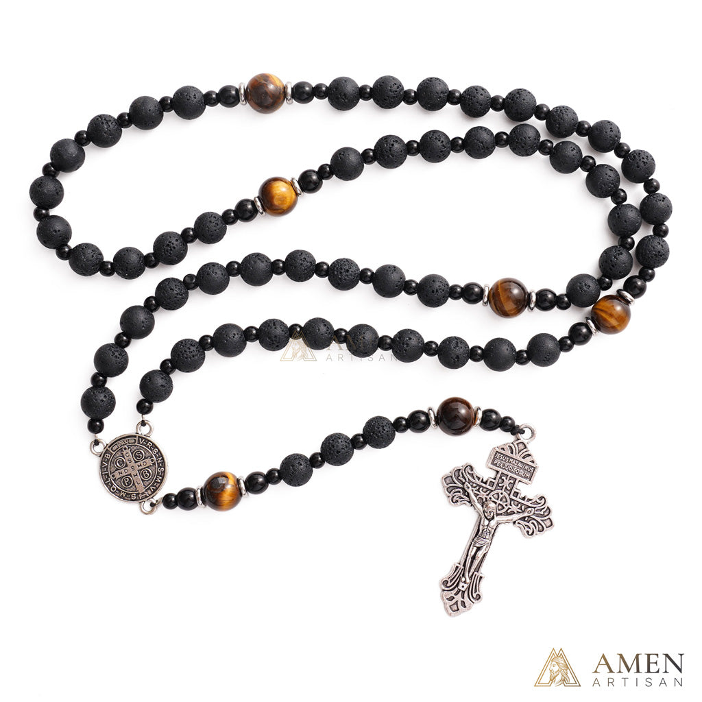 【Deal Today】Natural Lava Stone & Tiger’s Eye Prayer Beads with Vintage-Style Crucifix |  Amen Artisan