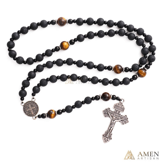 【Deal Today】Natural Lava Stone & Tiger’s Eye Prayer Beads with Vintage-Style Crucifix |  Amen Artisan