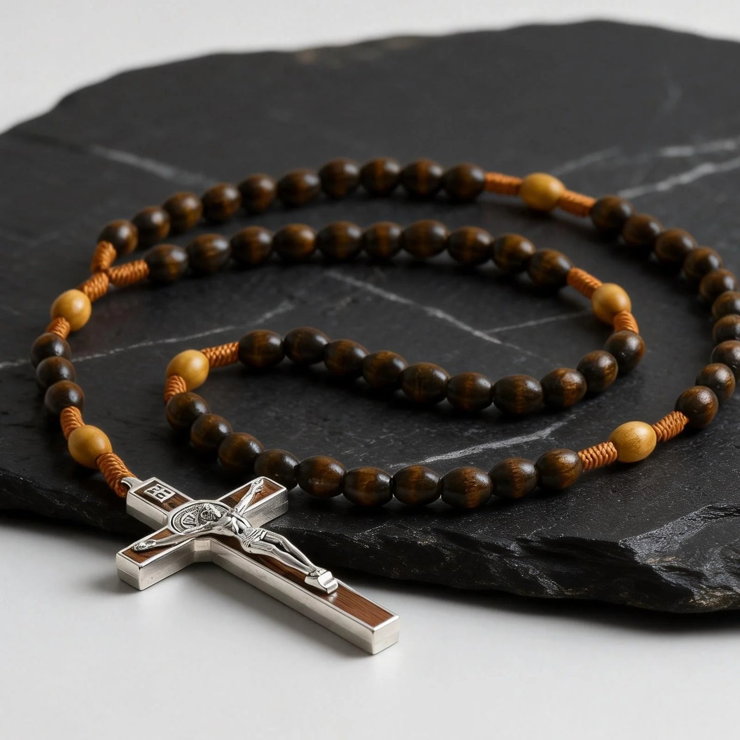 Woven Cord Wooden Rosary with St. Benedict Medal Cross - Sacred Blessing | Amen Artisan