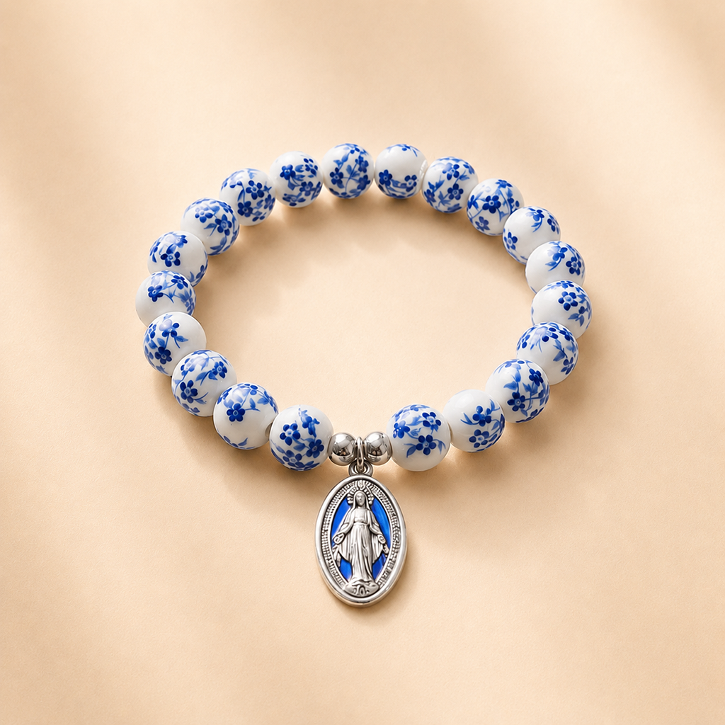 【Deal Today】Blue Floral Ceramic Bead Miraculous Medal Stretch Bracelet | Amen Artisan