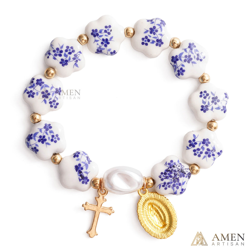 【Deal Today】Blue Floral Ceramic Flower Bracelet with Virgin Mary Pendant - Faith & Peace | Amen Artisan