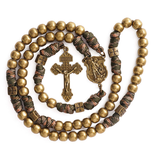 St. Michael Heavyweight Bronze Rosary: 48cm Hand-Braided Tactical Armor | Amen Artisan