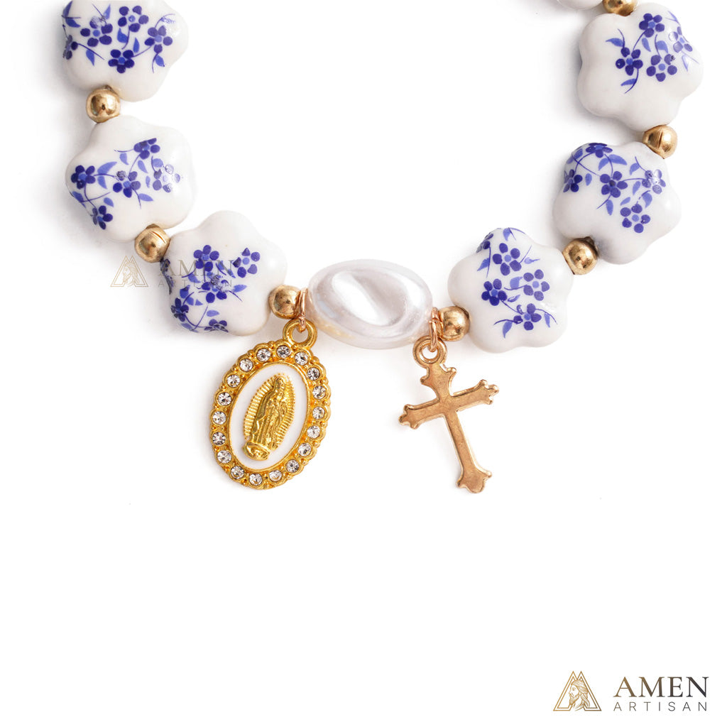 【Deal Today】Blue Floral Ceramic Flower Bracelet with Virgin Mary Pendant - Faith & Peace | Amen Artisan