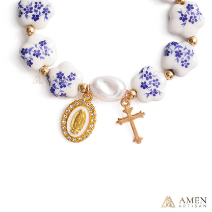 【Deal Today】Blue Floral Ceramic Flower Bracelet with Virgin Mary Pendant - Faith & Peace | Amen Artisan