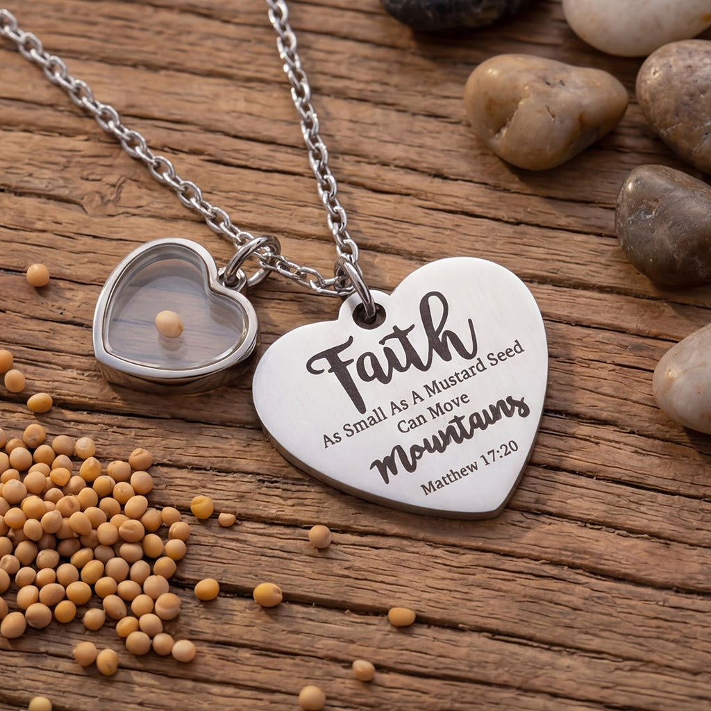 Faith Mustard Seed Heart Necklace with Matthew 17:20 Message