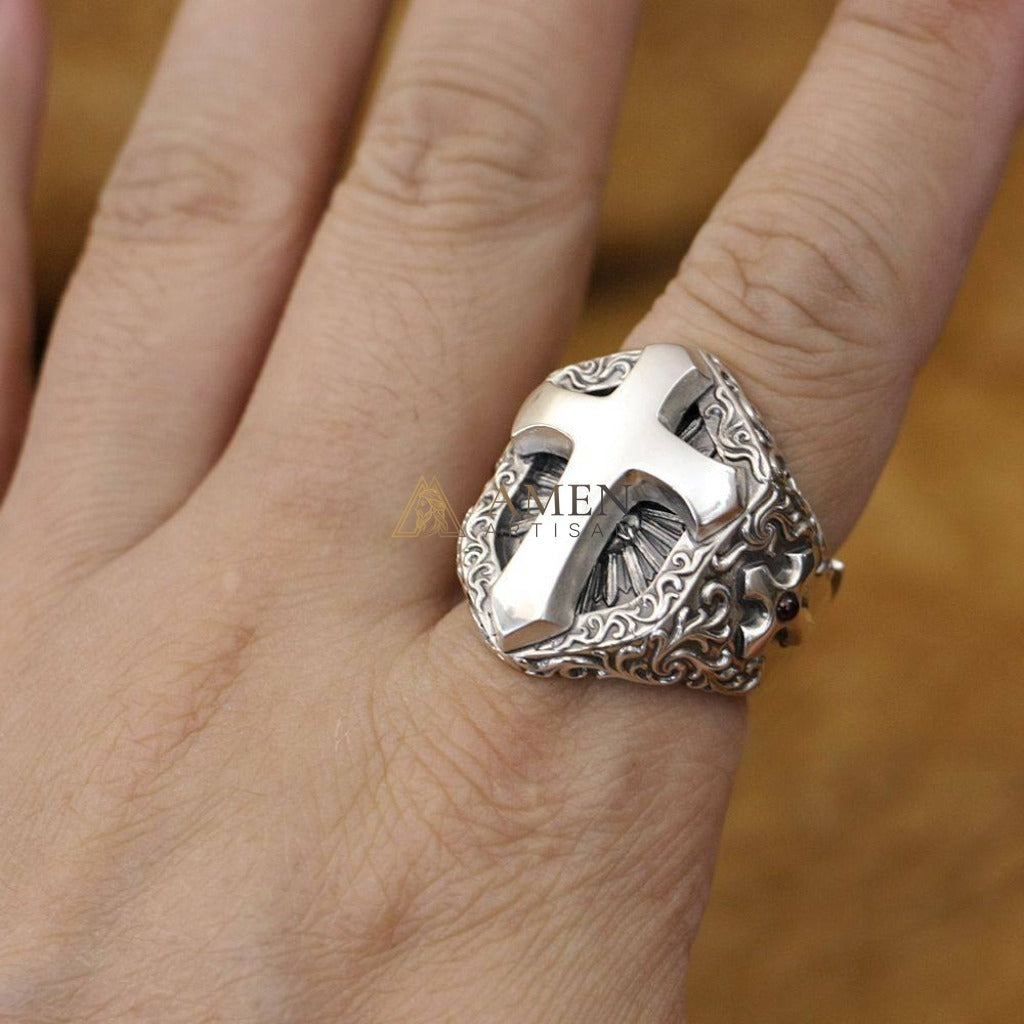 925 Sterling Silver Shield Cross Ring Amen Artisan