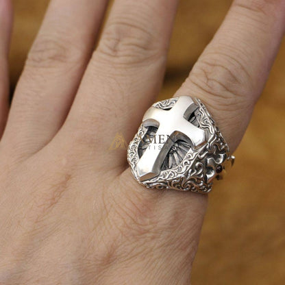 925 Sterling Silver Shield Cross Ring Amen Artisan