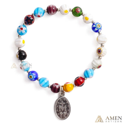 Colorful Catholic Bracelet with Patterned Glass Beads and Virgin Mary Medal