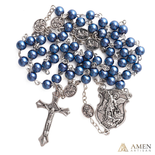 St. Michael Rosary with Blue Enamel Storage Box - Faith & Strength| Amen Artisan