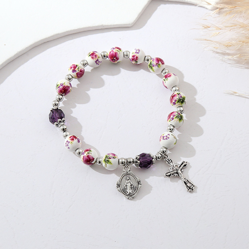 Amen Artisan Blue-and-White Porcelain Style Crucifix Pearl Bracelet