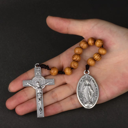 Portable Wooden Decade Rosary with St. Benedict Cross - Blessing & Peace | Amen Artisan