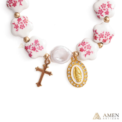 【Deal Today】Blue Floral Ceramic Flower Bracelet with Virgin Mary Pendant - Faith & Peace | Amen Artisan