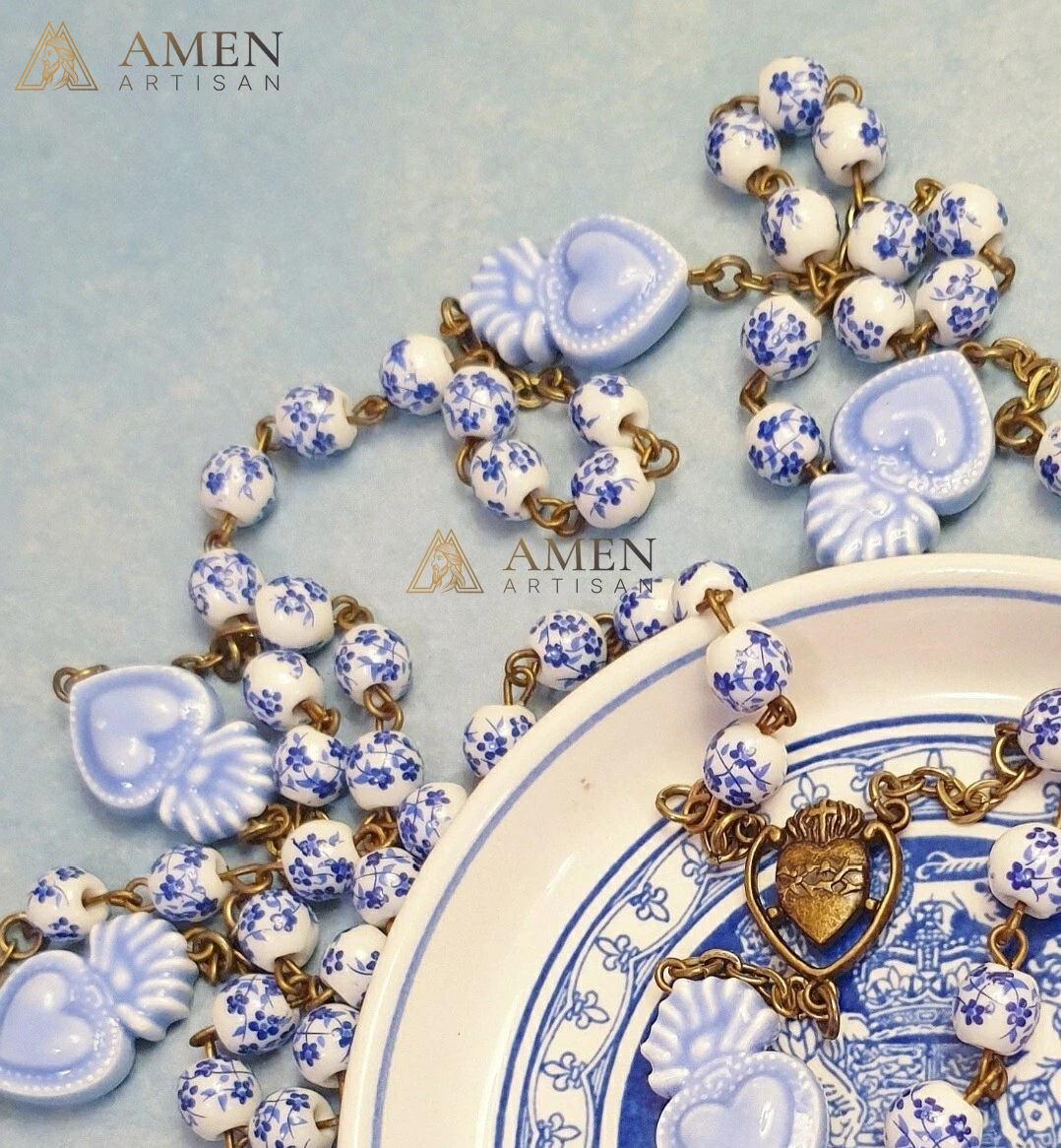 Delft Blue Beads Sacred Heart Rosary - Blue and White Cherry Blossom Beads Vintage Bronze Style Ceramic Rosary -Amen Artisan
