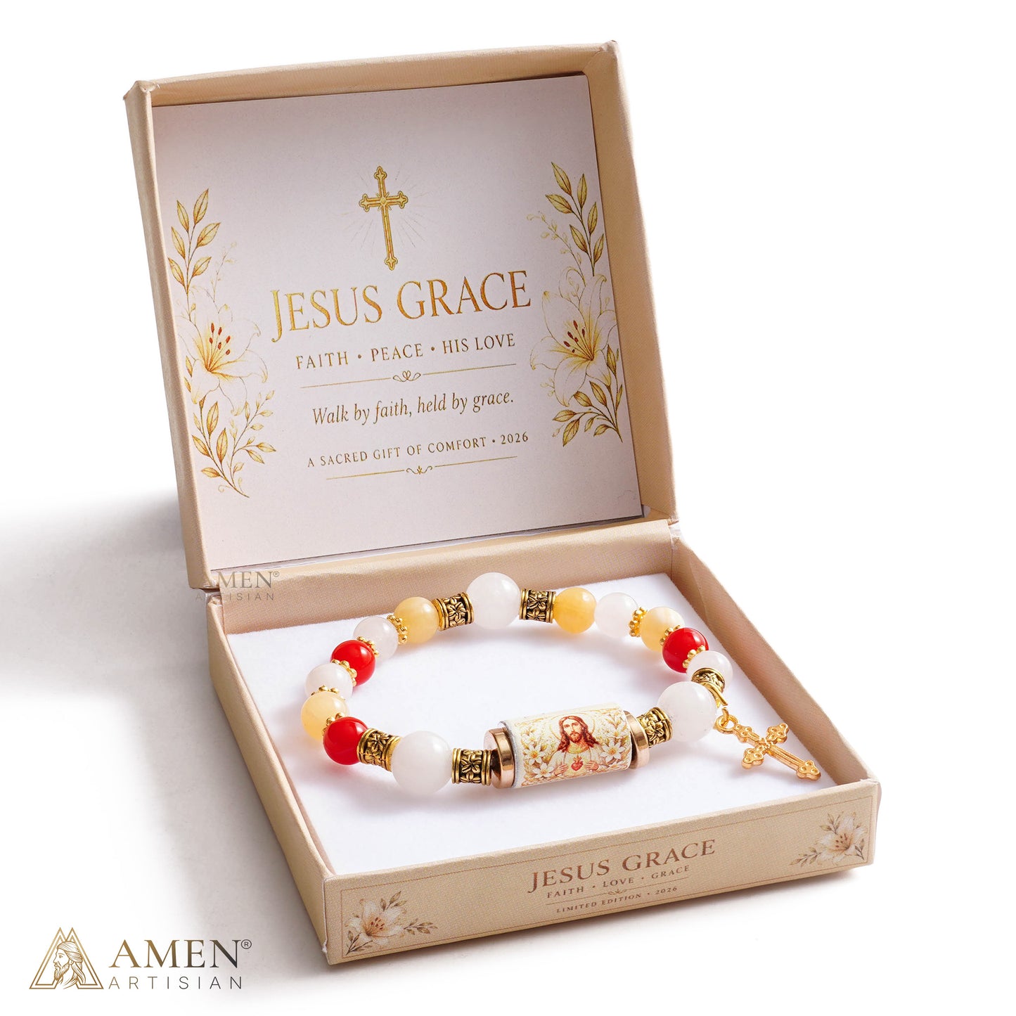 Sacred Heart Jesus Bracelet with Cool-Touch Crystal Beads