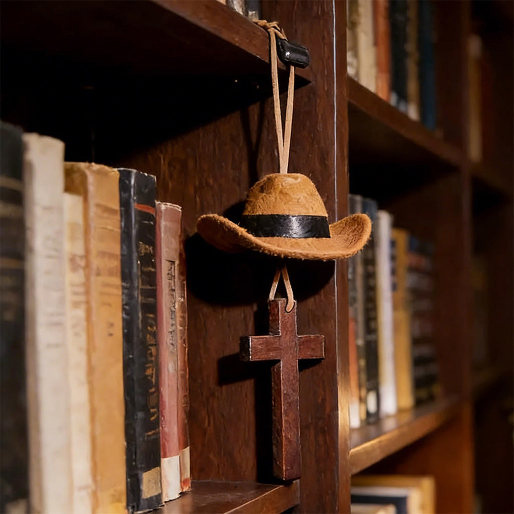 【Deal Today】Western Rearview Mirror Ornament with Cowboy Hat and Cross — Faith | Amen Artisan