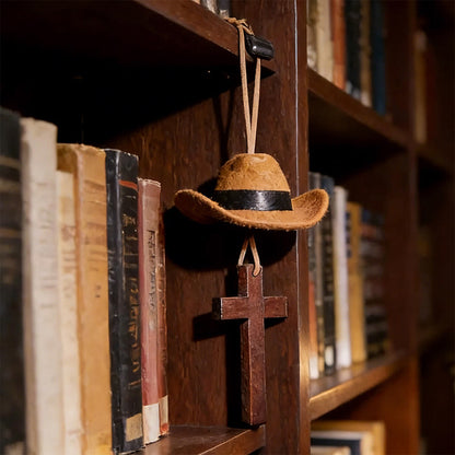 【Deal Today】Western Rearview Mirror Ornament with Cowboy Hat and Cross — Faith | Amen Artisan