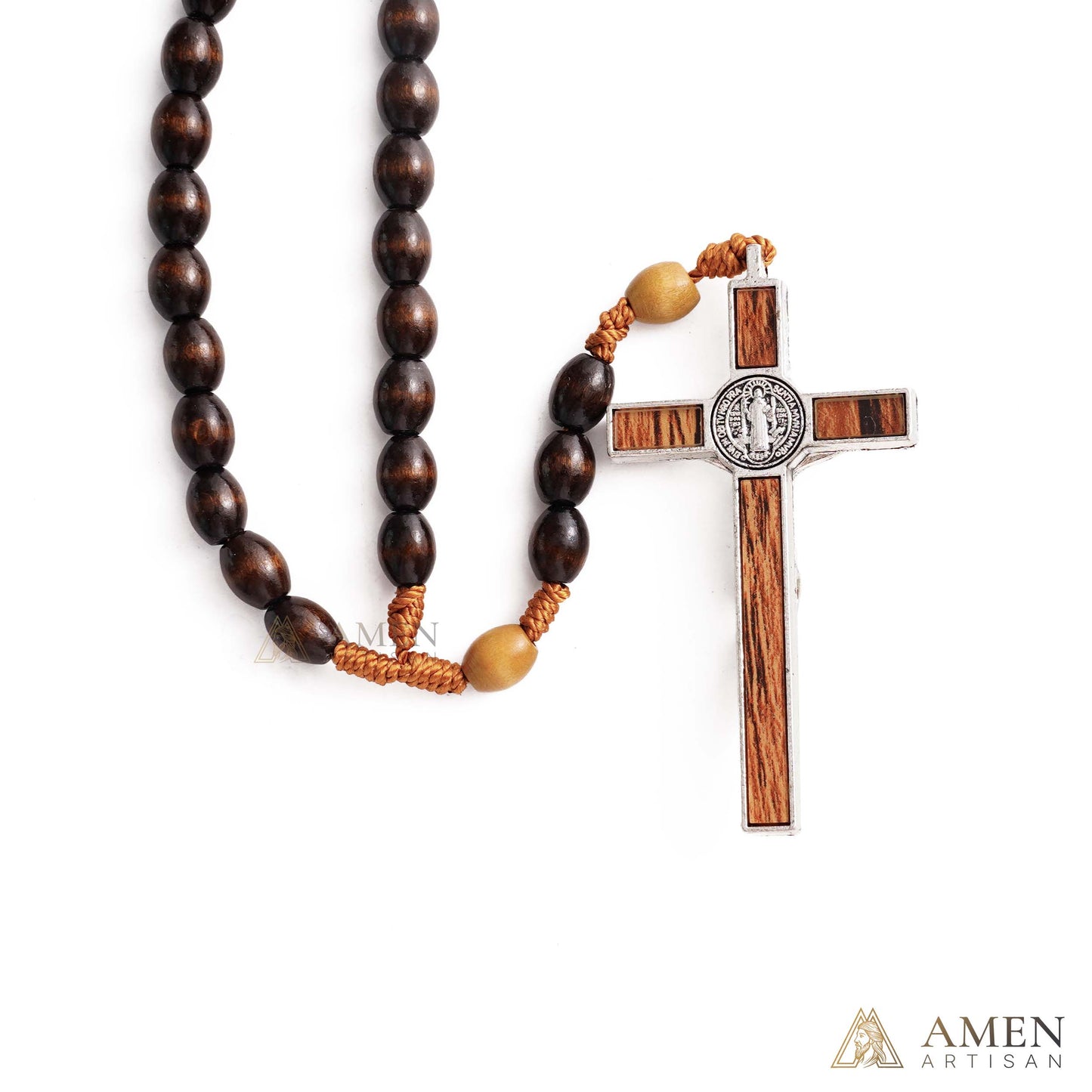 【Deal Today】Woven Cord Wooden Rosary with St. Benedict Medal Cross - Sacred Blessing | Amen Artisan