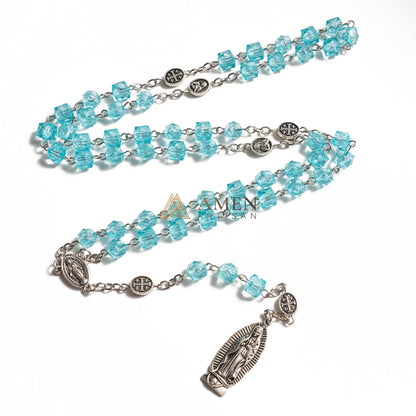 Our Lady of Guadalupe Rosary – Shimmering Aquamarine Faceted Beads with Jerusalem Cross Spacers – Sacred Catholic Prayer Beads Gift