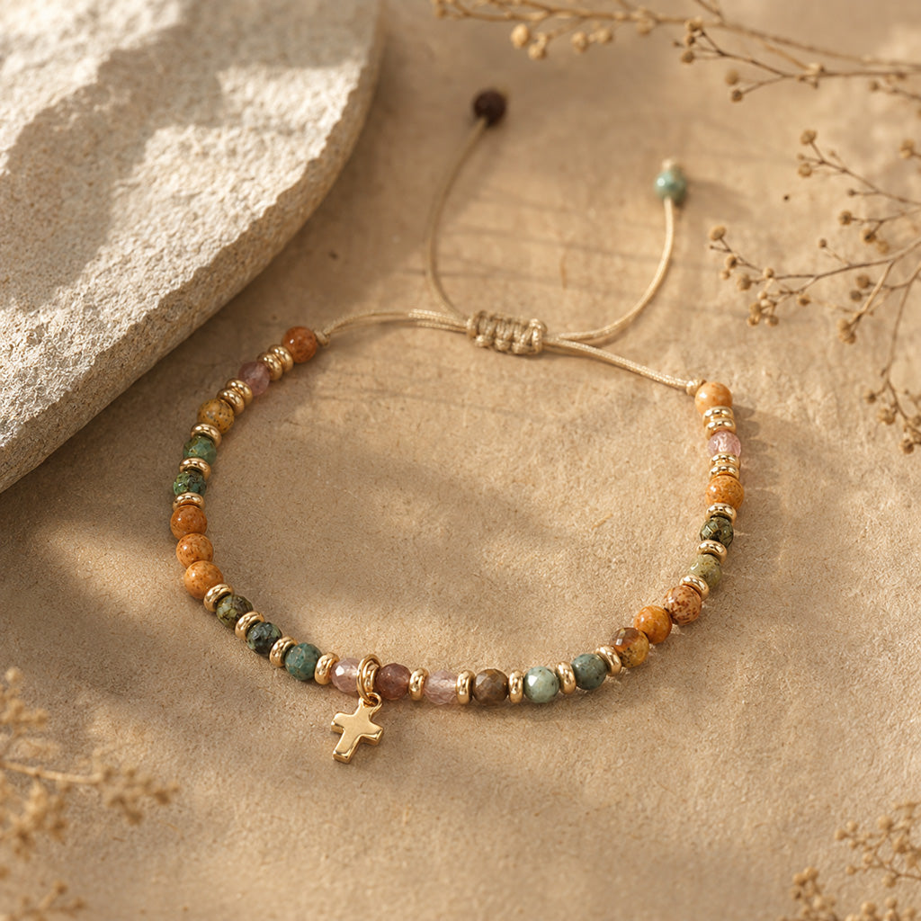 Boho Natural Stone Cross Bracelet with Adjustable Cord — Faith