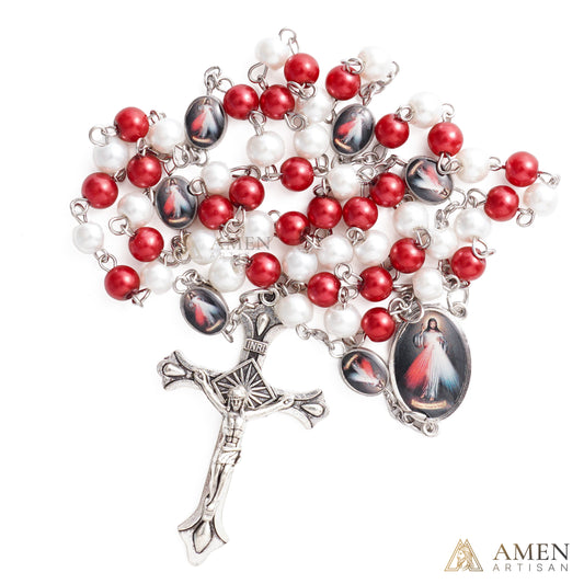 Divine Mercy Red & White Rosary with Crucifix - Faith & Protection | Amen Artisan