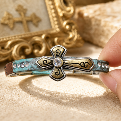 Vintage Cross Stretch Bracelet with Rhinestone Accents