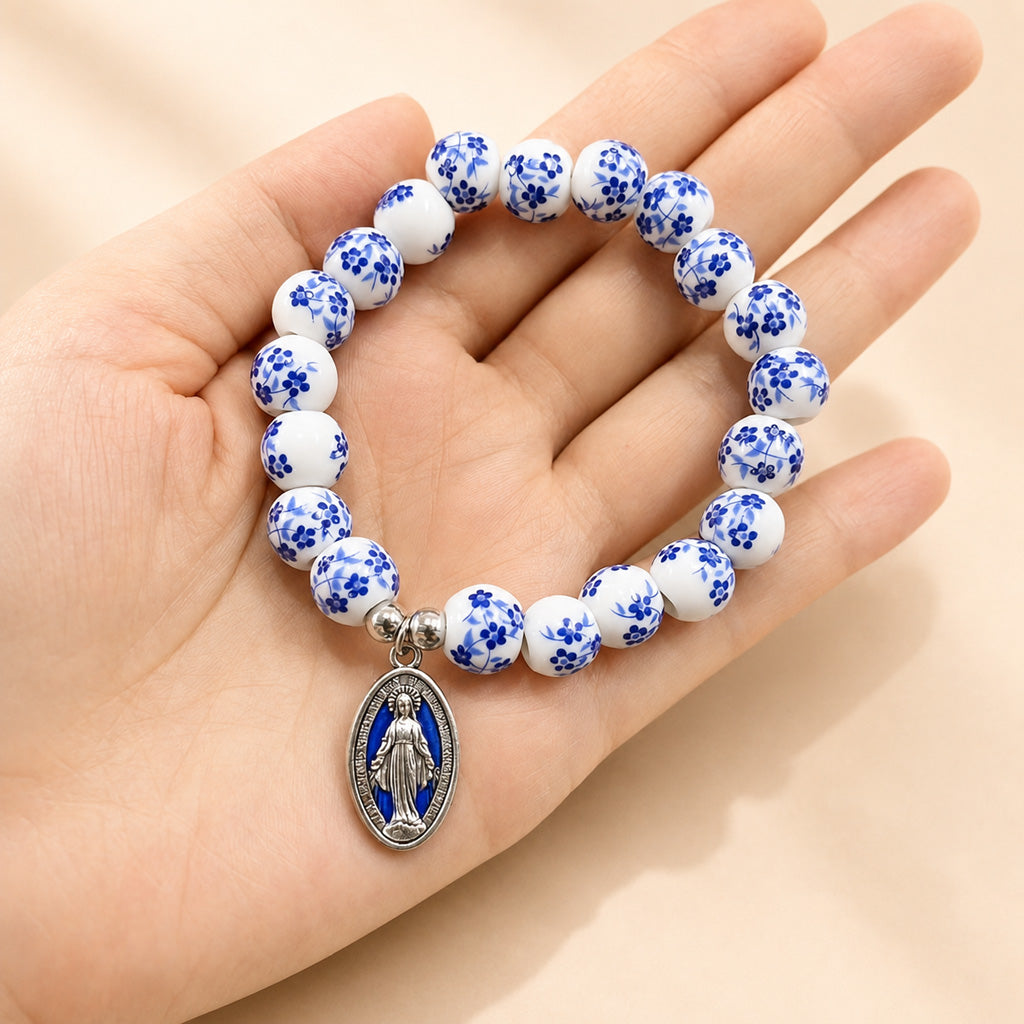 【Deal Today】Blue Floral Ceramic Bead Miraculous Medal Stretch Bracelet | Amen Artisan
