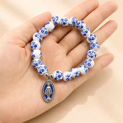 【Deal Today】Blue Floral Ceramic Bead Miraculous Medal Stretch Bracelet | Amen Artisan