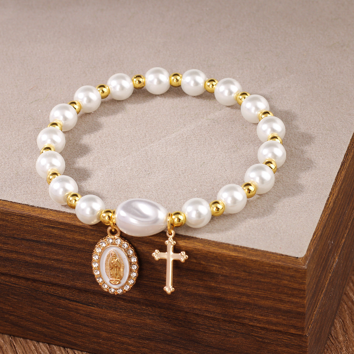 Pearl Gold Virgin Mary Diamond-Studded Cross Elastic Bracelet Amen Artisan