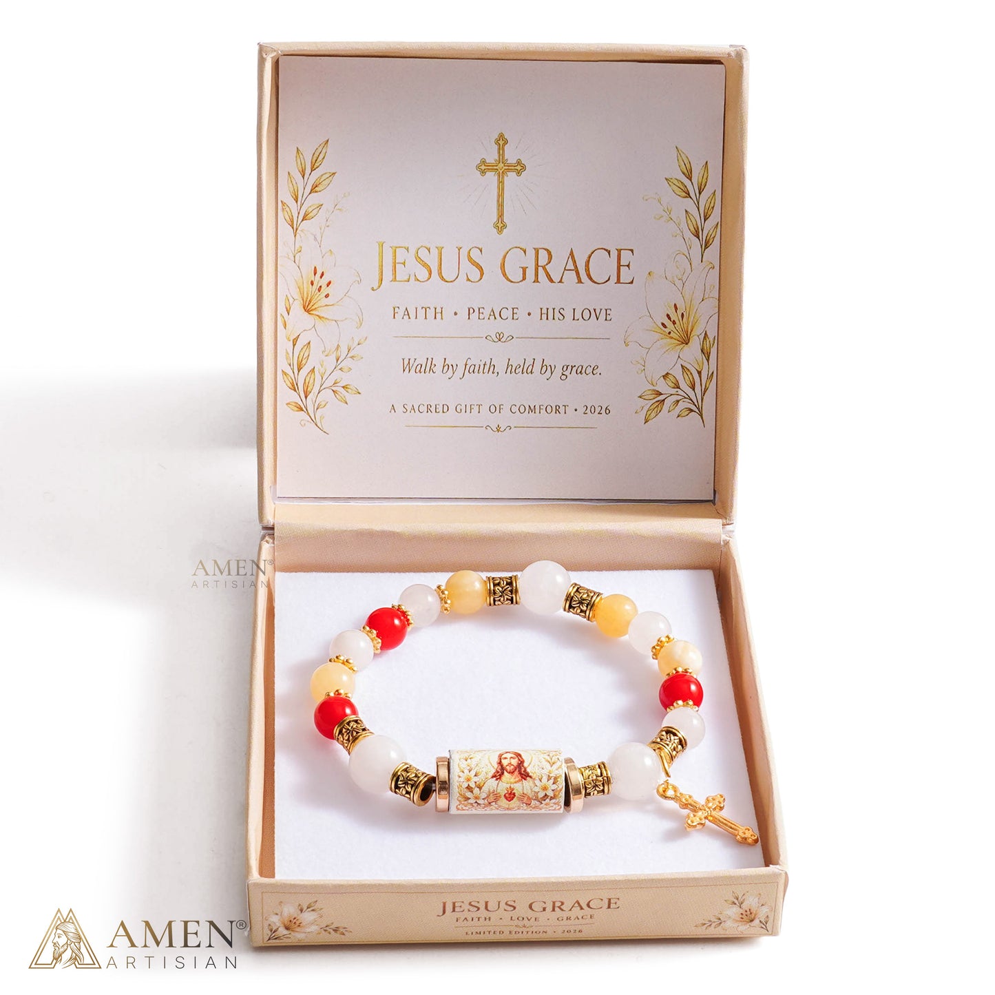 Sacred Heart Jesus Bracelet with Cool-Touch Crystal Beads