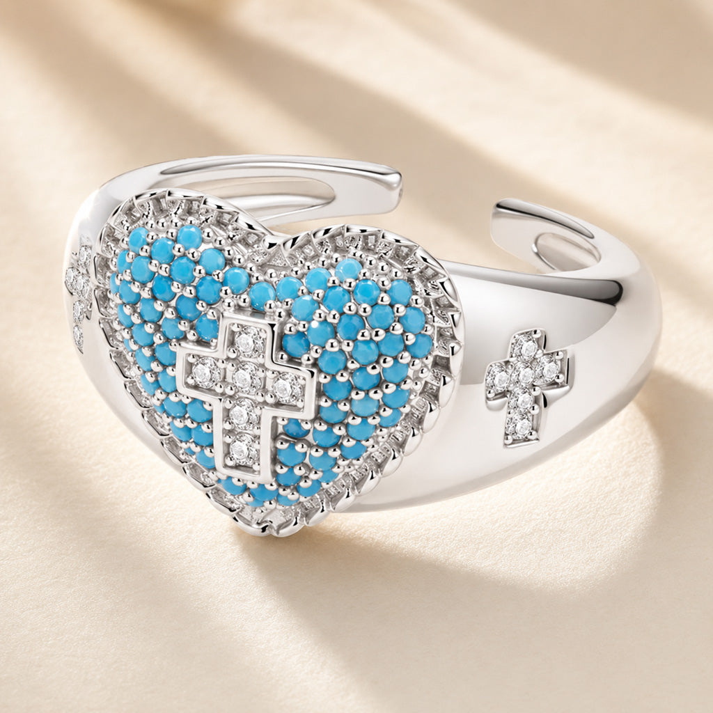 【DEAL TODAY】Blue Heart Cross Open Ring with Rhinestone Accents