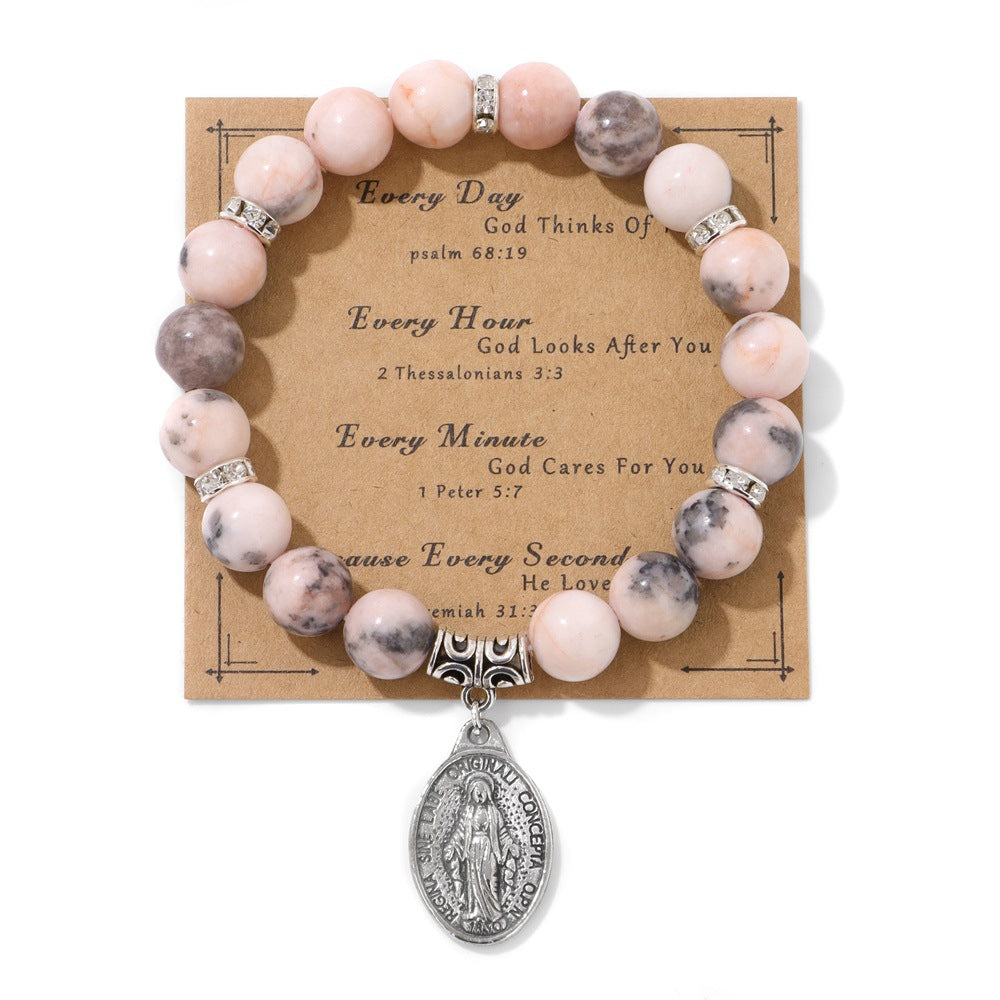 Pink and White Zebra Stone Miraculous Medal Stretch Bracelet Amen Artisan
