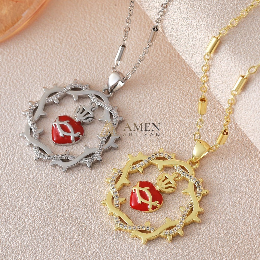 Sacred Heart & Crown of Thorns Pendant Necklace Amen Artisan