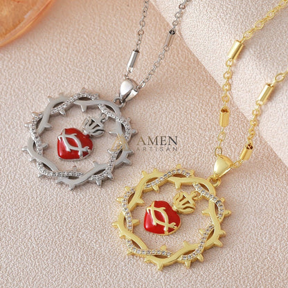 Sacred Heart & Crown of Thorns Pendant Necklace Amen Artisan