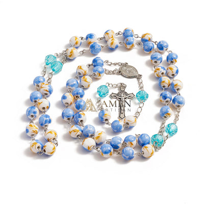 Blue Floral Ceramic Rosary Amen Artisan