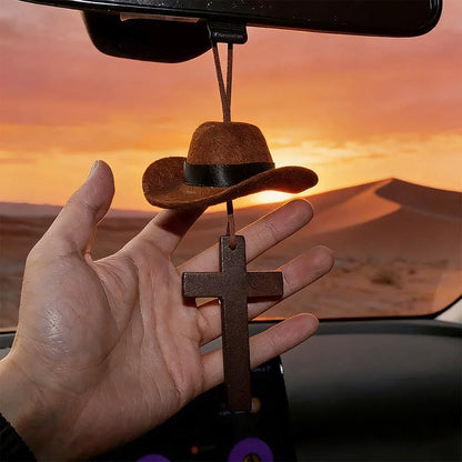 【Deal Today】Western Rearview Mirror Ornament with Cowboy Hat and Cross — Faith | Amen Artisan