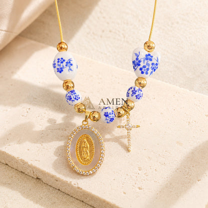 Floral Ceramic and Zircon Virgin Mary Cross Necklace Amen Artisan