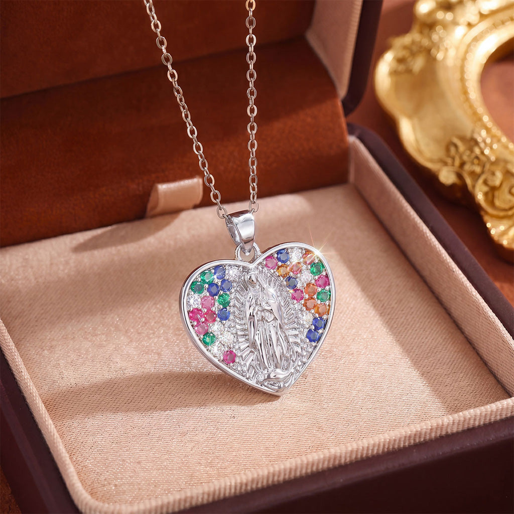 Colorful Crystal Our Lady Heart Necklace