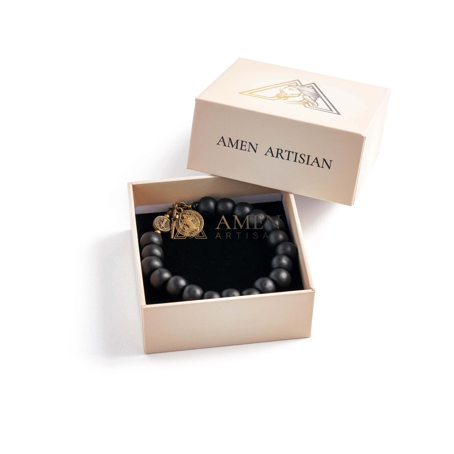 Black Wood Beads Brass Saint Benedict Medal Adjustment Bracelet