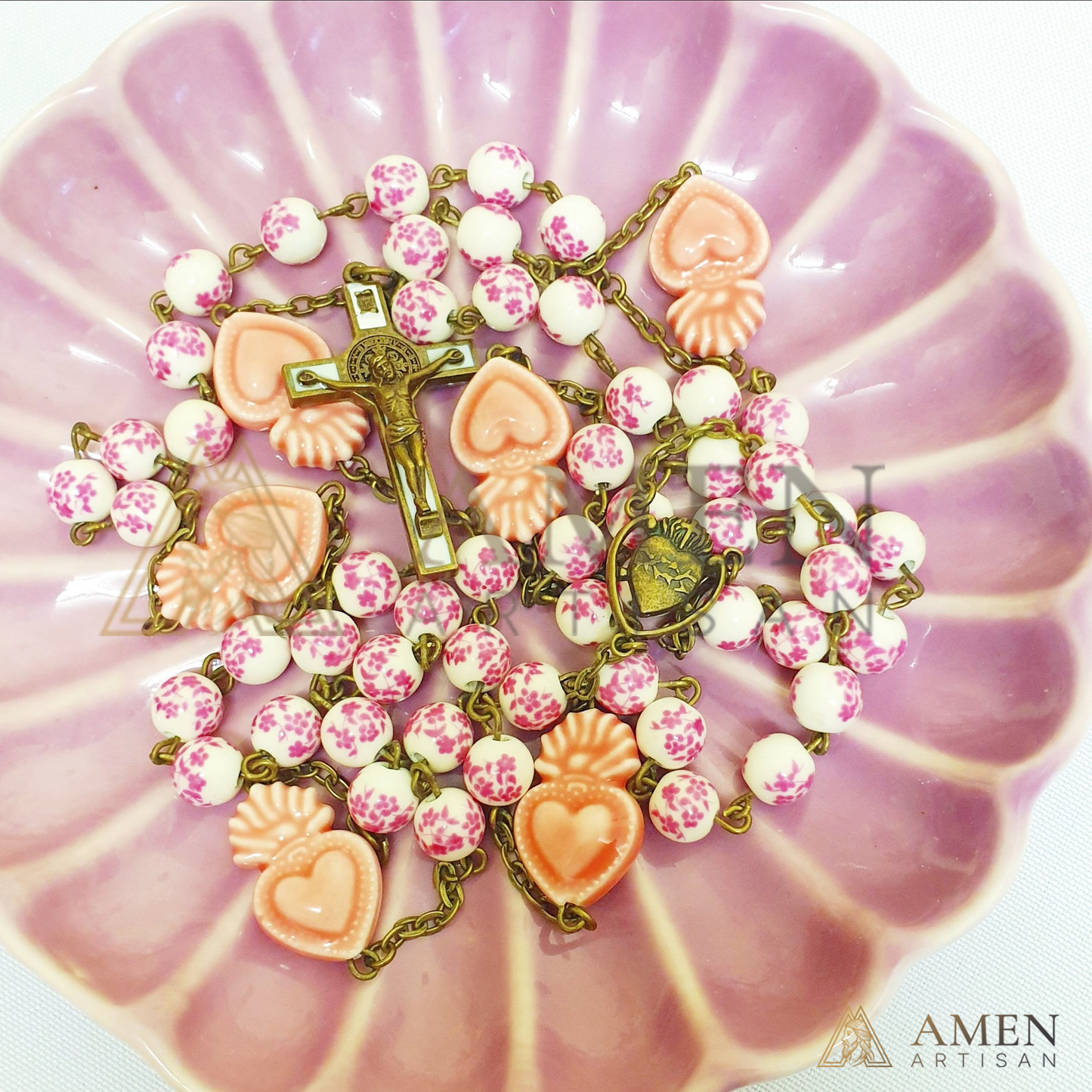 Sakura Pink Beads Sacred Heart Rosary Amen Artisan