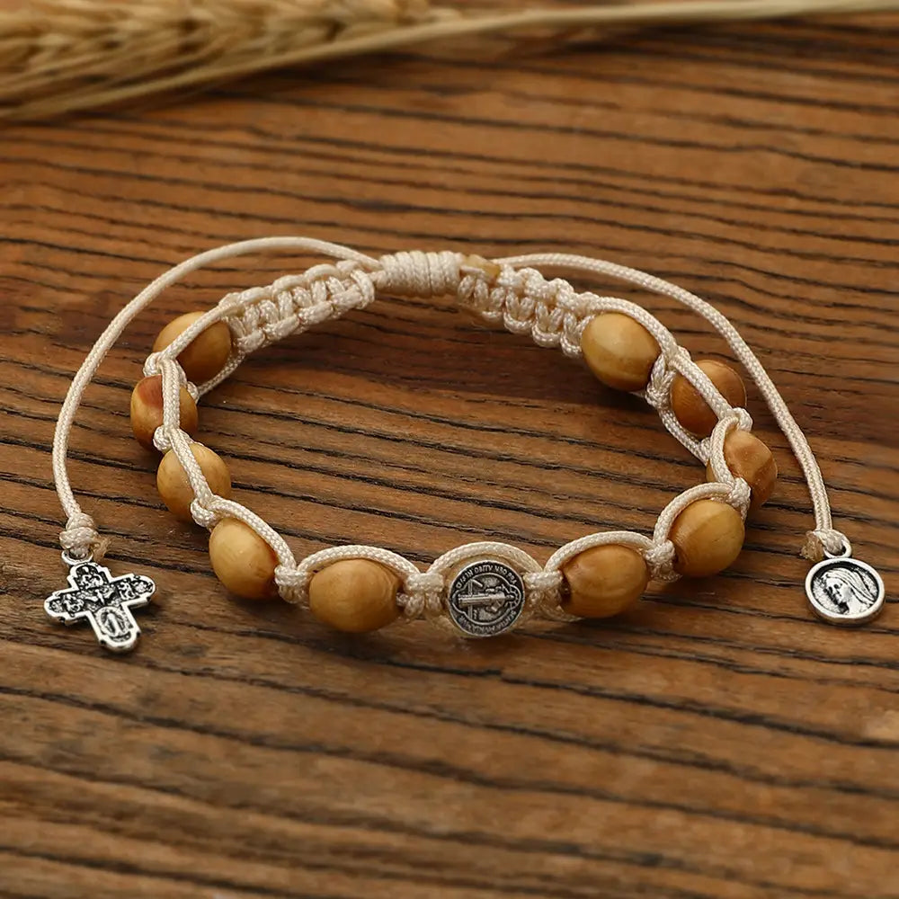 Braided Wooden Beads Saint Benedict Medal Bracelet Amen Artisan